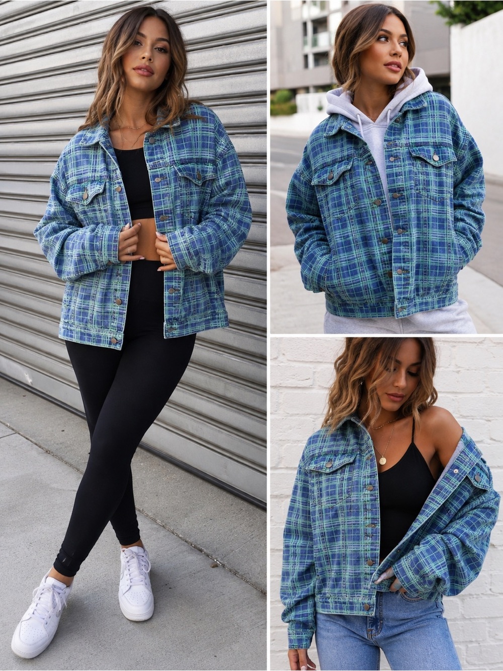 Olivia Jade x Princess Polly Women M/L Blue Green Plaid Oversized Denim Jacket